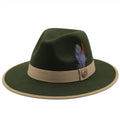 New Men’s Green & Tan Fedora Wool Feather Dress Hat (Size 56-58CM)
