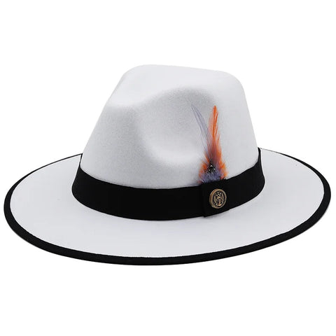 New Men’s White & Black  Fedora Wool Feather Dress Hat (Size 56-58CM)