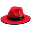 New Men’s Red & Black Fedora Wool Feather Dress Hat (Size 56-58CM)