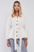 Off-white Balloon Sleeve Button-down Front Self-tie Belted Oversized Summer Jacket
