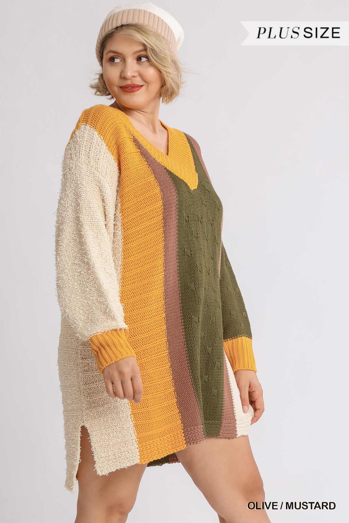 Oversized Multicolor Boucl�� V-neck Pullover Sweater Dress With Side Slit
