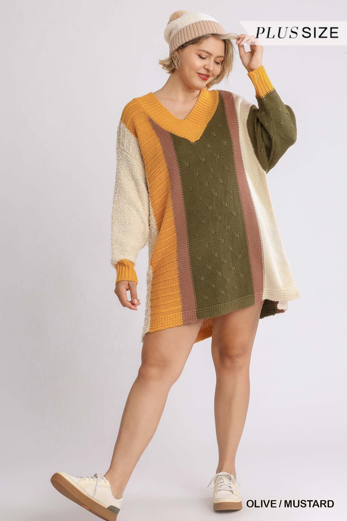 Oversized Multicolor Boucl�� V-neck Pullover Sweater Dress With Side Slit