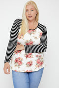 Floral Top Featuring Raglan Style Striped Sleeves And A Round Neck
