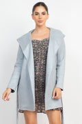 Suede Hooded Waist-tie Belt Jacket