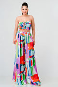 Satin geo print bustier top and palazzo pants sets