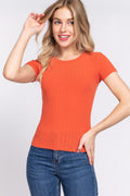 Short Slv Crew Neck Variegated Rib Knit Top